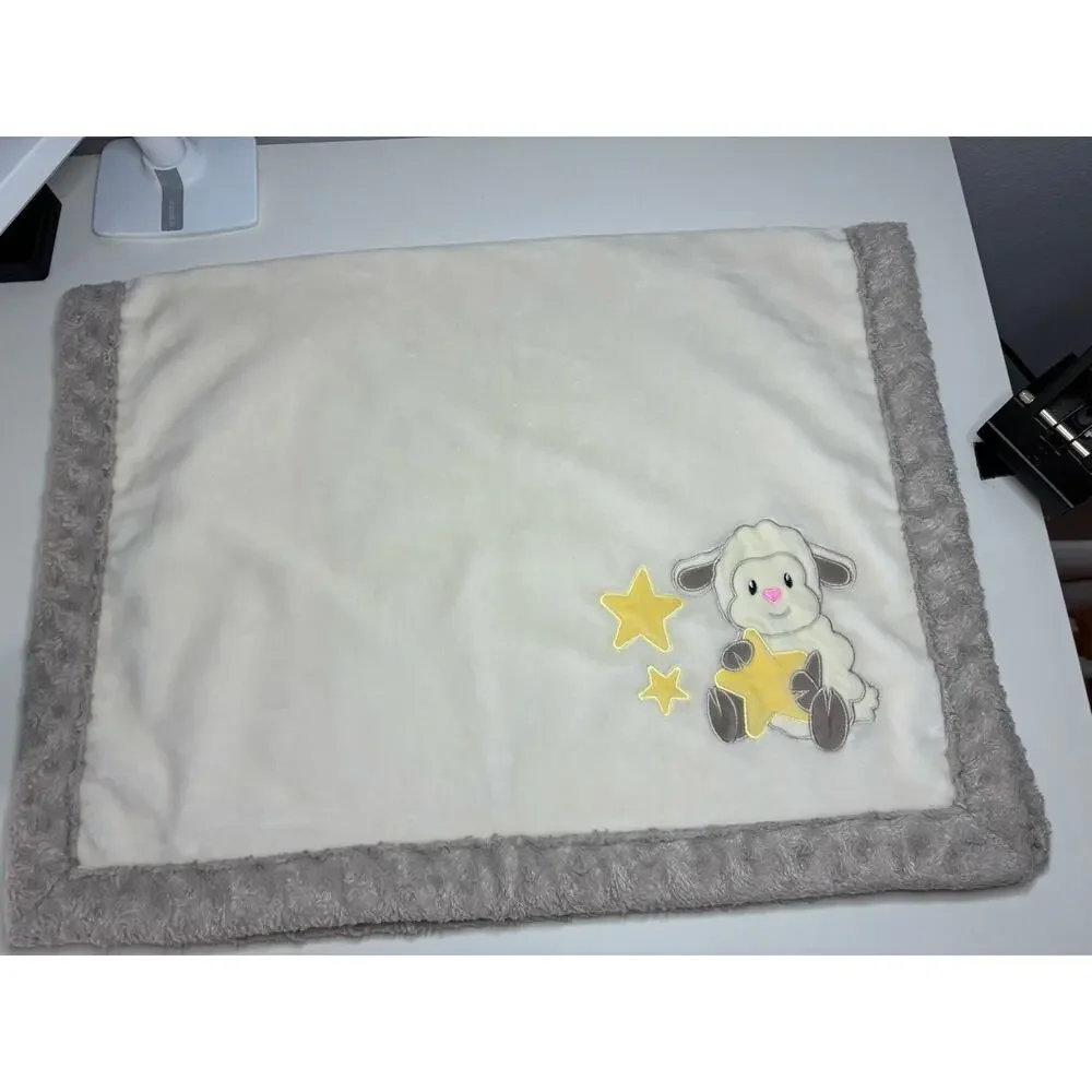 Little Miracles Lamb Baby Blanket Stars White Cream Plush Gray Trim Sheep